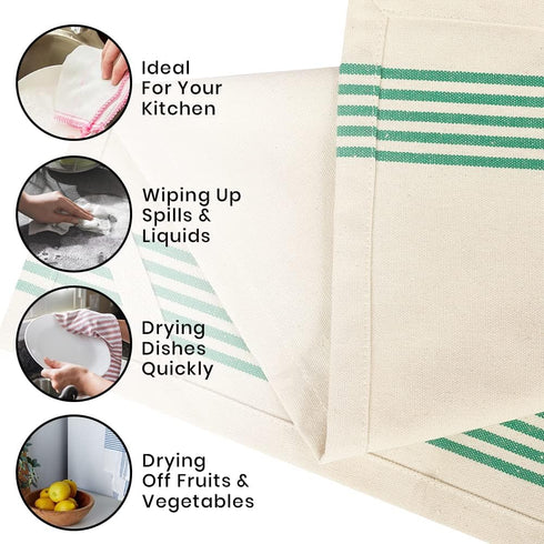 Stripe Kitchen Towels Decor, 18x28 in Cotton Dish Towels, Boho Embroidery Festive Gift Set of 6 (Green)