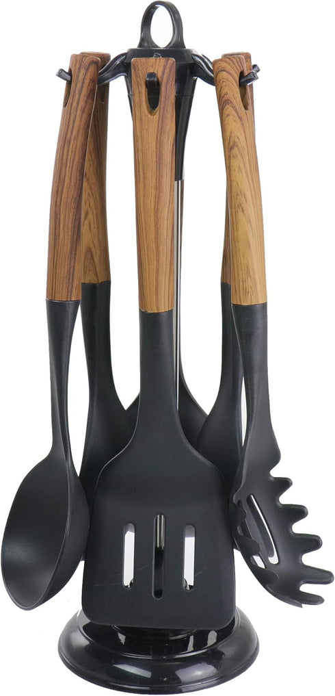 Megachef Nylon Tool Cookware Utensil Set, 7 Piece, Black and Wood Texture