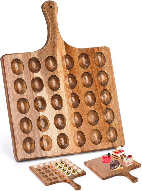 Okllen 30 Holes Reversible Wooden Deviled Egg Platter with Handle, Acacia Wood