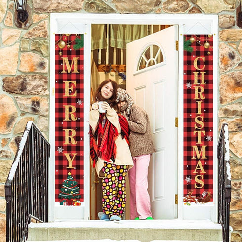 Christmas Decorations Merry Christmas Banner Decor, Happy New Year Plaid Porch Sign for Home Front Door Holiday Party