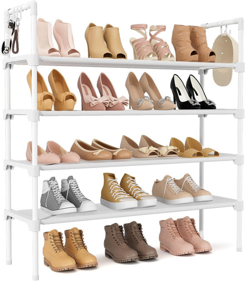 LANTEFUL 4 Tier Shoe Rack for Closet Shoe Organizer with 5 Hooks,