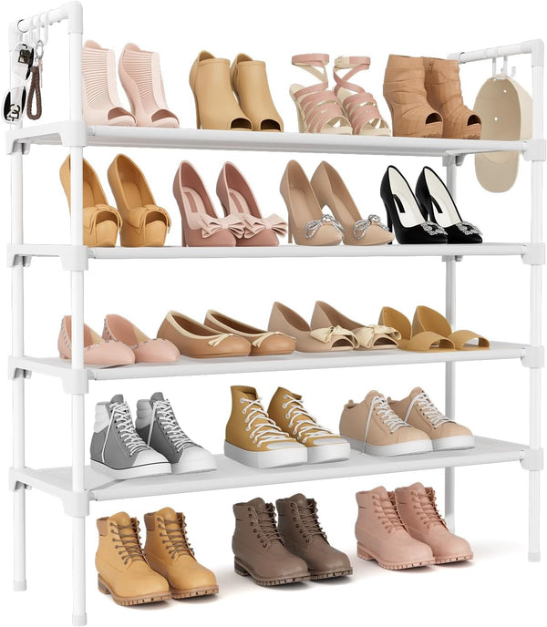 LANTEFUL 4 Tier Shoe Rack for Closet Shoe Organizer with 5 Hooks,