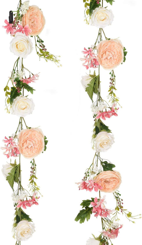 6 Ft Artificial Peony Garland with Mixed Flowers and Green Leaves for Wedding, Home Party Decor