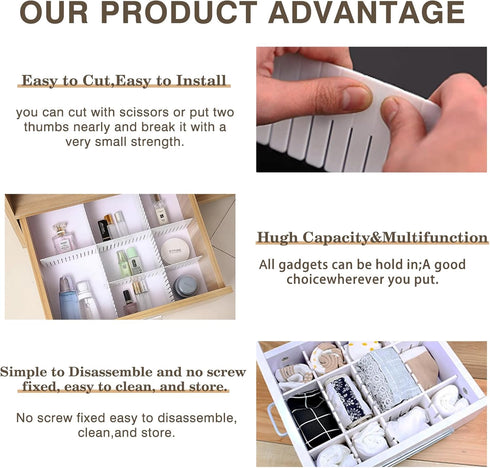 Adjustable Drawer Divider DIY Storage Organizer for Tidying Clutter in Kitchen, Bathroom, Bedroom, and Office
