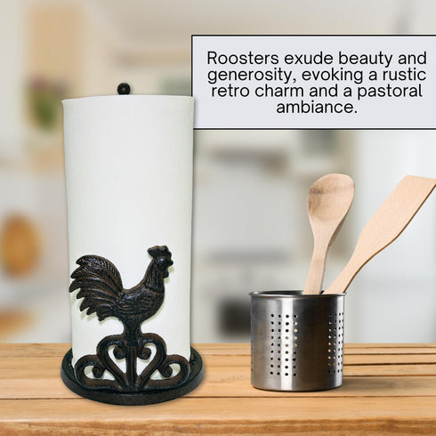 Decoronix 12" Countertop Country Rustic Elegance Cast Iron Rooster Paper Towel Holder - Freestanding Kitchen Accessory