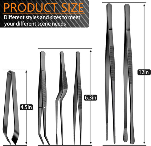 JETKONG 6 Pcs Cooking Tweezer Tongs, 12'' and 6.3" Stainless Steel Set for Cooking, BBQ, Seafood