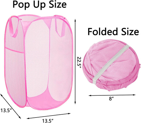 Portable Mesh Pop Up Laundry Hamper with Side Pocket and Handles, Vertical Collapsible Laundry Basket for Easy Storage, Suitable for Travel, RV, Dorm (Pink)