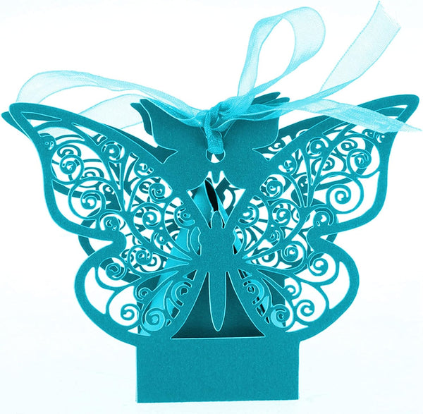 50 Pieces Butterfly Laser Cut Favor Boxes DIY Wedding Birthday Gift Candy Boxes with Ribbons (Skyblue)