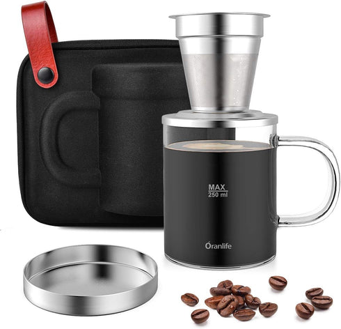 Pour Over Coffee Maker Set for Travel/Camping/Hiking, 14 Oz Borosilicate Glass Mug, Stainless Steel Coffee Filter