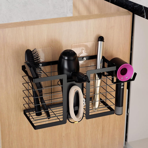Hair Tool Organizer - 3 in 1 Metal Bathroom Holder for Hair Dryer, Flat Iron, Curling Iron Storage (Black)