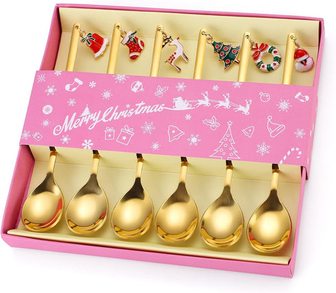 Christmas Coffee Spoons Set, 6 Pieces Gold Silverware Small Stainless Steel Flatware for Festive Daily Kitchen