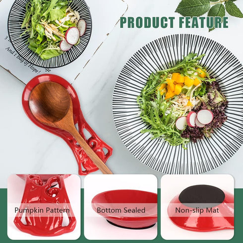 Spoon Rest Holder for Stove Top, Sturdy and Unbreakable Cast Iron Spoon Rest Ladle Holder for Kitchen Counter, Keep Stovetop Countertop Clean, Pumpkin Red
