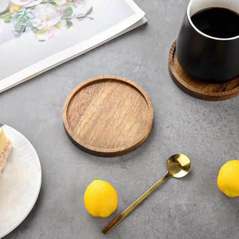 4.33in, Set 6 WLWNWFT Acacia Wood Coasters for Drinks with Lip Round Drink Coaster with Holder for Coffee Dining Table