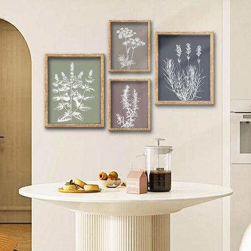 Set 4 (11x14 GUMEYJIA Boho Wall Art of Framed Herb Prints Botanical White Floral Sketches with Gray and Sage Green