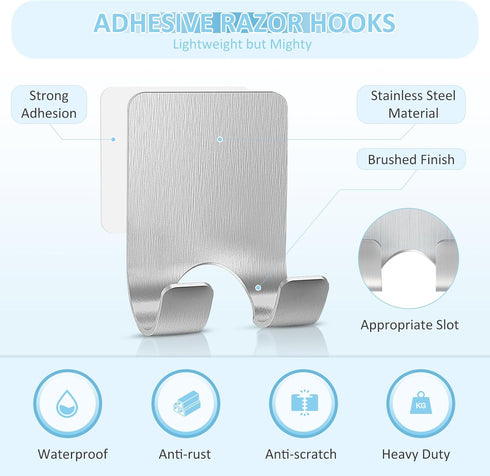 VIS'V Shower Wall Razor Holder - Metal Adhesive Razor Hooks for His and Hers, Waterproof, Silver, 2 Pcs