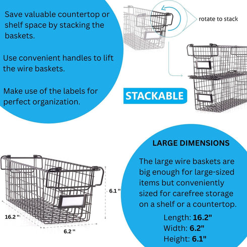 Granrosi Large Stackable Wire Baskets for Organizing, Set of 2 Snack & Chips Organizer for Pantry, Bronze Wire Baskets