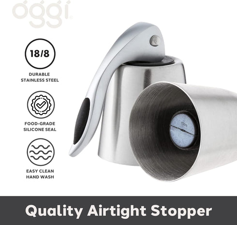 OGGI Bottle Stopper - Ideal for Champagne & Sparkling Wine, Stainless Steel Wine Topper Set - Stylish Wine Saver Stoppers with Airtight Wine Sealer Levers, Stainless Steel by Oggi