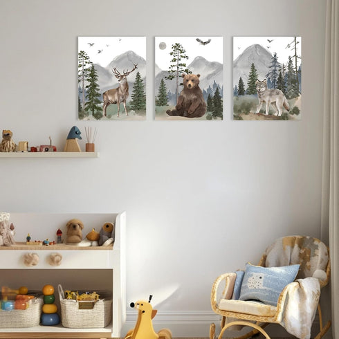 16"x24" Set 3, Woodland Animal Nursery Wall Art: Forest Wildlife Prints Canvas Posters of Wolf Bear Elk Pictures