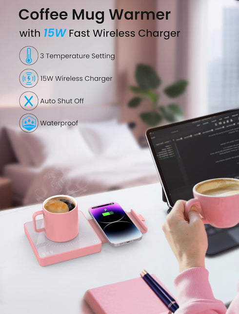 15W 3A 3 Settings 8H Coffee Mug Warmer with Wireless Phone Charger & USB Charging Port, Temp & Auto Shut Off, Candle