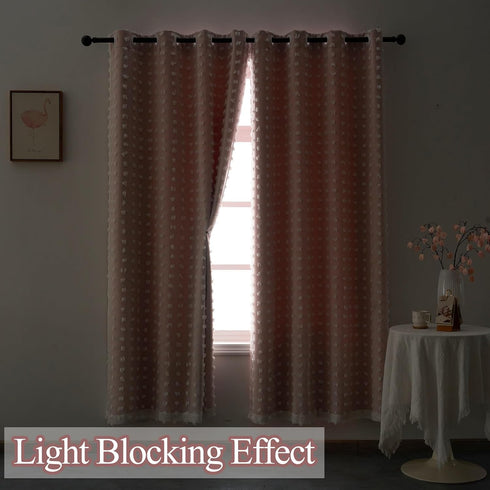 84 Inches 1 Pink Blackout Curtain for Girls Bedroom Long Panel, Double Layered Curtain with Pom Pom White Sheer