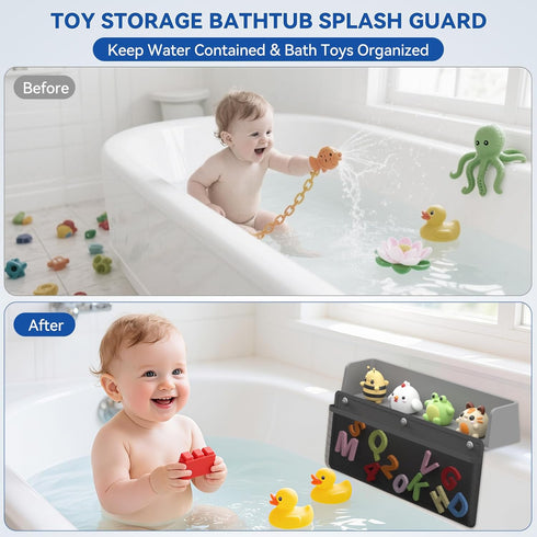2-Pack 10 Silicone Bathtub Splash Guard with Suction Cups & Hanging Mesh Shower Caddy, Tub Topper Splash Guard for Kids