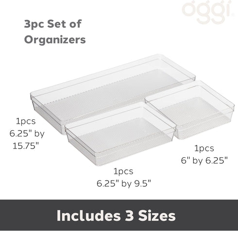 Oggi Set of 3 Clear Drawer Organizers, Ideal for Organizing Kitchen Drawers, Office, Desk, and Bathroom Utensils