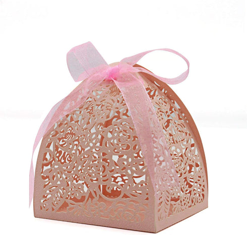 KPOSIYA Pack of 100 Laser Cut Rose Candy Boxes, Favor Boxes 2.5"x 2.5"x 3.1" for Bridal Shower, Anniversary, Birthday