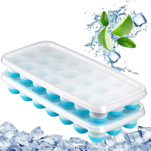Ice Cube Trays with Easy Release - Odor Free, Spill Resistant Lid, 2 Pack, Stackable 42 Cubes, Silicone (Blue)
