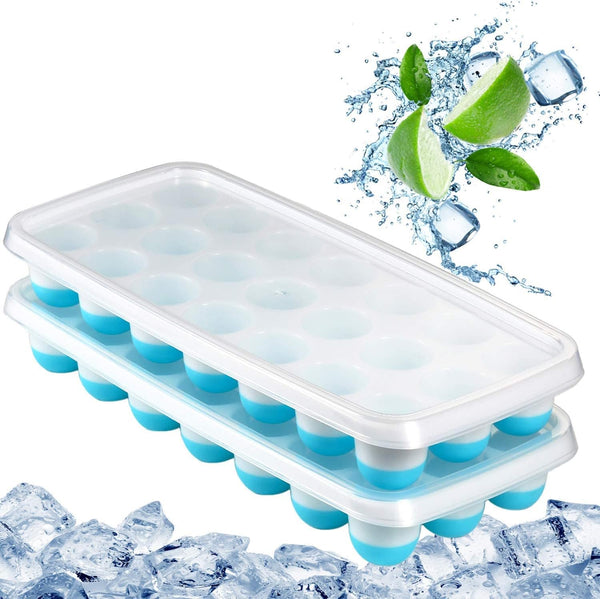 Ice Cube Trays with Easy Release - Odor Free, Spill Resistant Lid, 2 Pack, Stackable 42 Cubes, Silicone (Blue)