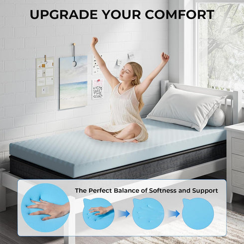 3 Inch OhGeni Memory Foam Mattress Topper Pad, Soft Bed Cover with Anti-Slip Base, Size Twin, Style with Cover