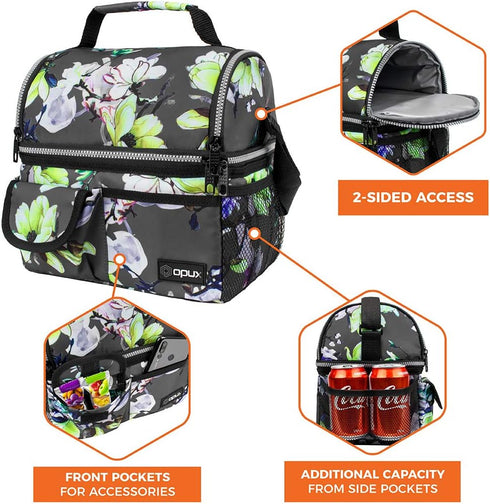 opux Insulated Lunch Bag for Women, Adult Cooler, Flower Lunch Box, Dual Compartment, Floral Gray