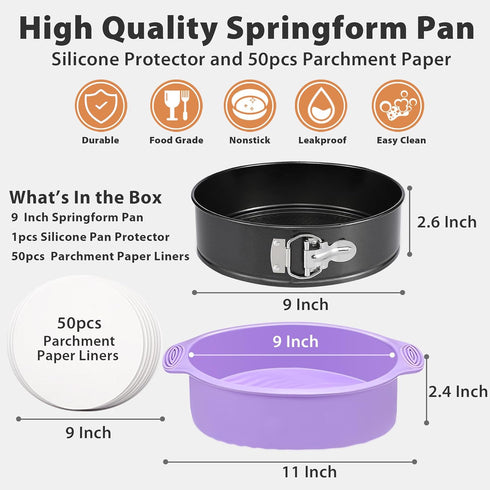 Springform Pan 9 Inch Nonstick Cheesecake Pan with Protector - Leakproof Spring Form Pan for Baking, 9 Inch with 50Pcs