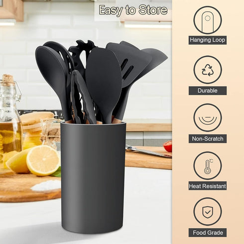 Kitchen Utensils Set of 12 - E-far Silicone Cooking Utensils with Holder, Non-stick & Heat Resistant for Cookware