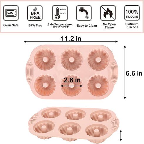 Mini Bundt Cake Pan 3pcs Silicone Fluted Tube Cake Pans, 6Cavity Heritage Bundtlette Cake Silicone Mold for Baking Non Stick Fancy Molds (Pink+Blue+Gray, Fluted Tube) by SmartKitch