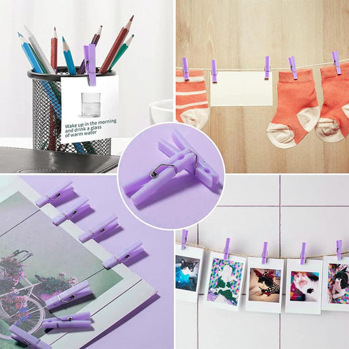 50 PCS Small Transparent Plastic Tool Paper Clips, Mini Clothespins for Party, 1.4 x 0.25 Inch (Purple)