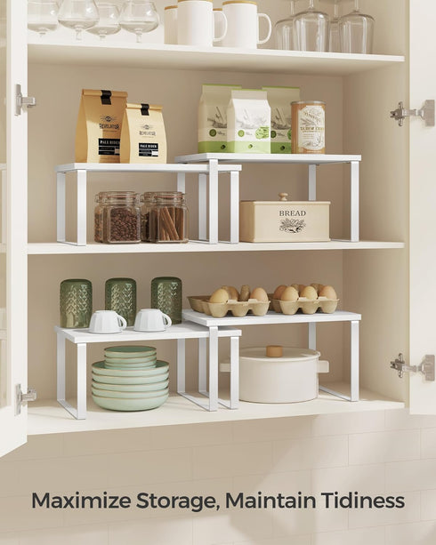 SONGMICS Cabinet Organizer Shelf, Set of 2 Kitchen Counter Shelves, Stackable Expandable Metal and Engineered Wood