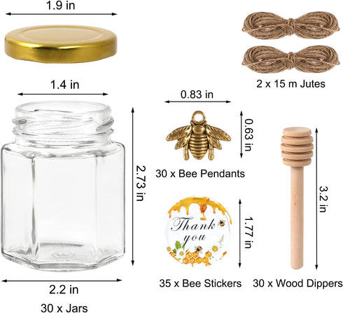 3 oz 30 Pack BIGIVACA Mini Honey Jars - Hexagon Glass Jars with Wood Dippers, Gold Lids, Bee Pendants, Jutes, Stickers