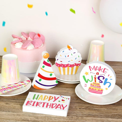 Huray Rayho Birthday Tiered Tray Decor Celebration Wooden Sign Colorful Birthday Party Supplies Make Wish Freestanding