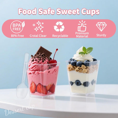 5 oz LRCXL Plastic Dessert Cups with Lids and Spoons, Clear Yogurt Parfait Appetizer Cup with Lids for Party, Mini
