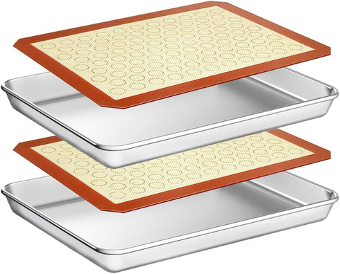 Wildone Baking Sheet Set with Silicone Mats, 4 Pieces (2 Sheets + 2 Mats), 12 x 10 x 1 Inch, Non-Toxic