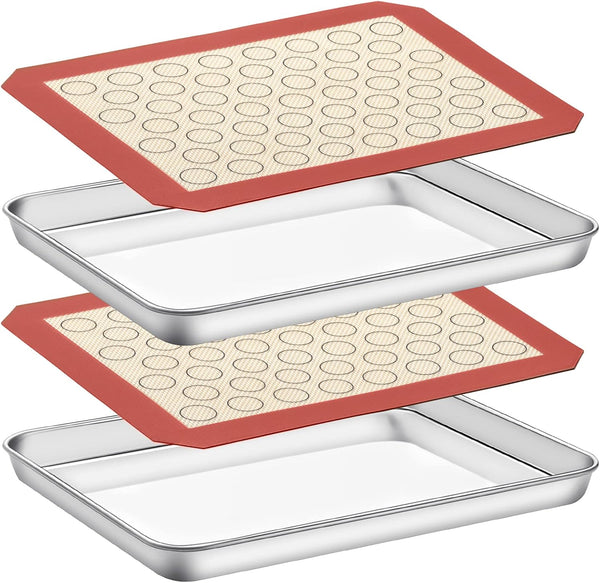 Baking Sheet with Silicone Mat Set of 4 - 2 Sheets + 2 Mats, Deedro Stainless Steel Baking Pan