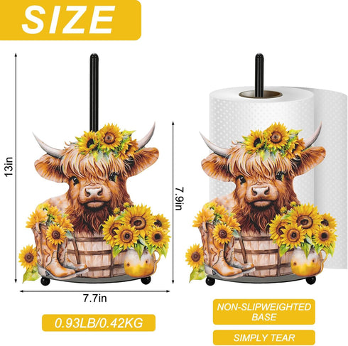 Countertop JarThenaAMCS Highland Cow Sunflower Paper Towel Holder Watercolor Floral Cattle Large Metal Towel Holder
