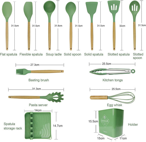 MYKUJA Green Kitchen Cooking Utensils Set - 13 Pcs Heat Resistant Silicone Non-Stick Spatula Set with Holder