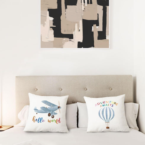 16x16 Set 2, Hot Air Balloon Airplane Nursery Decor, Hello World Adventure Awaits Airplane Hot Air Balloon Pillow Case