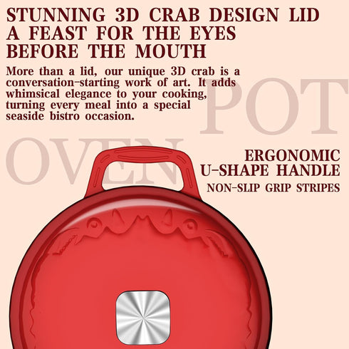 5 Enameled Cast Iron Dutch Oven - Quart, Exclusive Designed Crab Lid, Oversized Knob, for Bread Baking Braiser Cooking