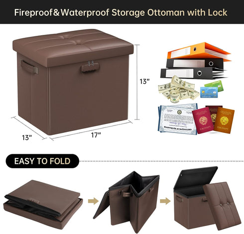 17x13x13in, DocSafe Storage Ottoman Foot Rest Stool with Lock Handle, Fireproof Folding Leather Footstool Bench