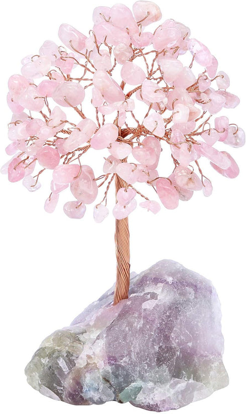 Jovivi Natural Rose Quartz Crystal Tree, Bonsai Money Tree with Raw Healing Crystals Fluorite Base for Home Office Decor