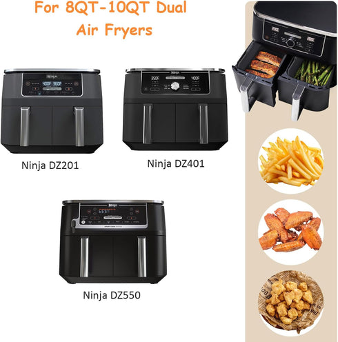 ddLUCK 2Pcs Air Fryer Silicone Liners for Ninja SL401/DZ401/DZ550 8-10 QT, Reusable Baking Tray with Cheat Sheet