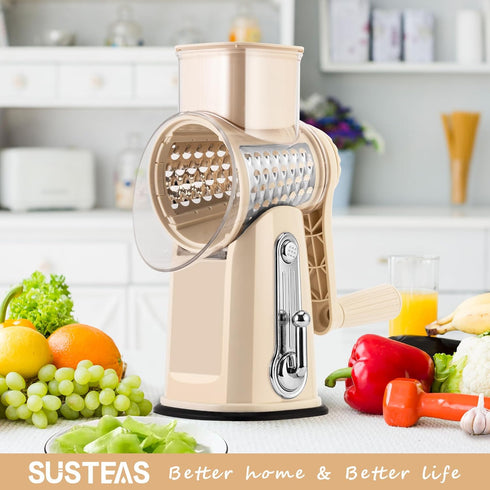 5 SUSTEAS Rotary Cheese Grater with Handle - Vegetable Shredder with Well-designed Blades & Strong Suction Base,Round