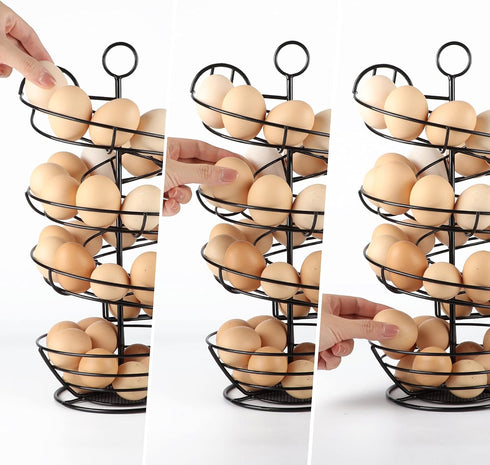 Countertop, QUTREY Black Metal Egg Holder Fresh Egg Skelter, Spiral Design Egg Dispenser Rack with Storage Basket